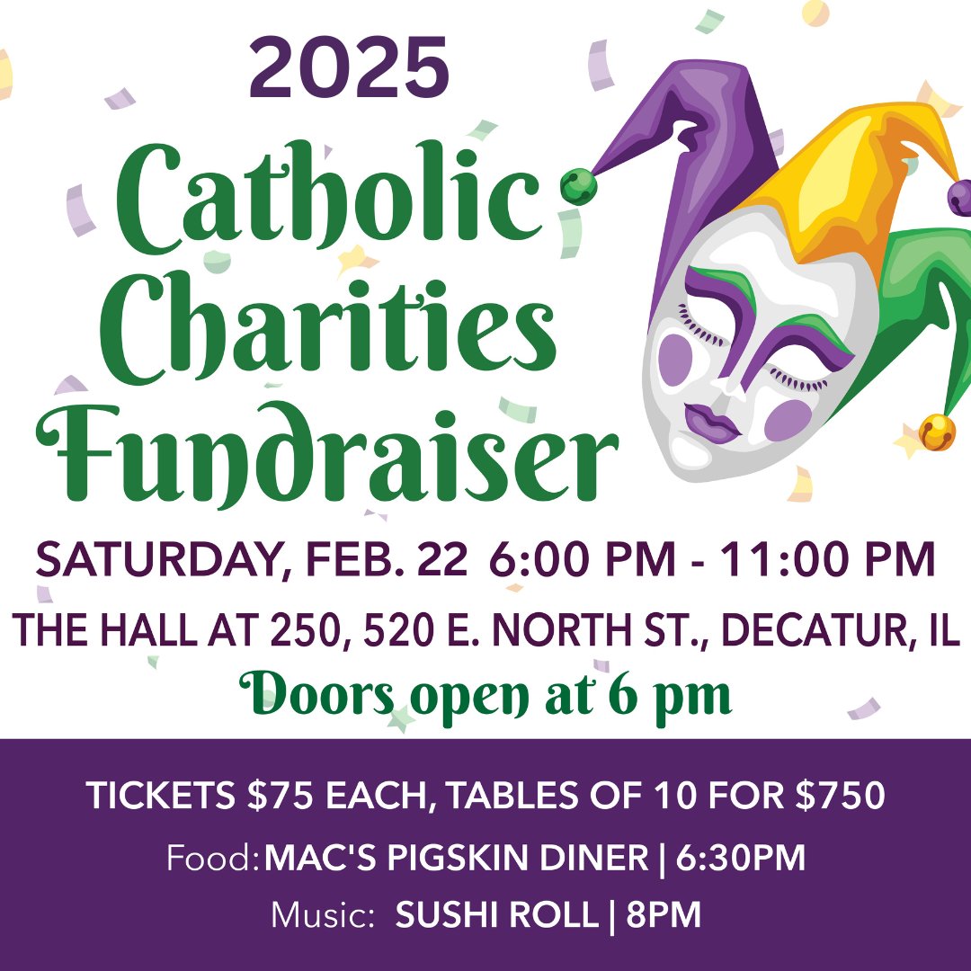 cathcharspfld's tweet photo. There is still time to purchase your ticket to the Decatur Catholic Charities Annual Mardi Gras Fundraiser! Tickets are $75 each or $750 for a table of 10.
Reserve your seat online today at https://t.co/vTz28WESKe
#decaturillinois #catholiccharities #fundraiserevent https://t.co/OwT7CCyD50