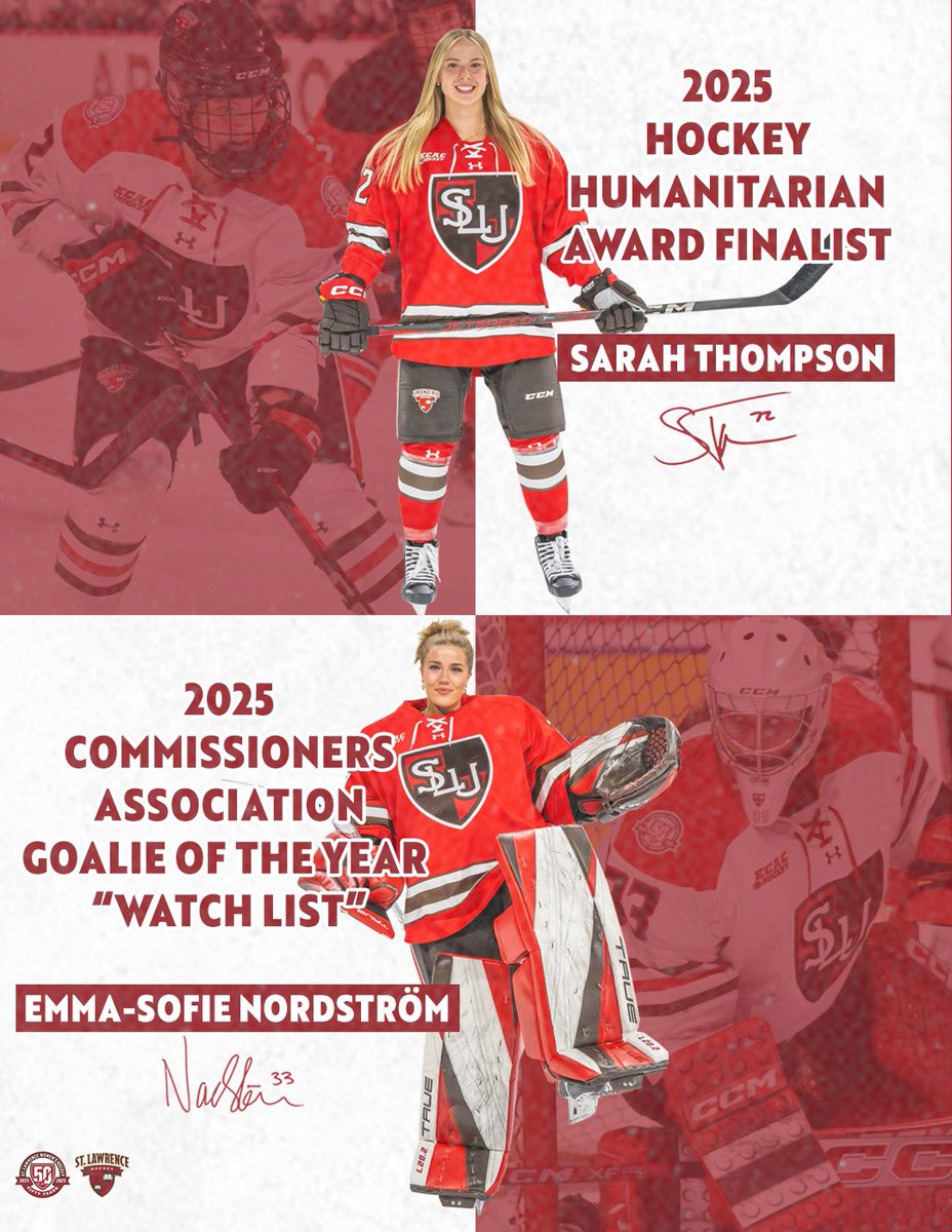 📣Let’s Hear it for Your Saints 📣
Two <a href="/stlawrenceu/">St. Lawrence University</a> Saints are being recognized for their excellence so far in the 2024-2025 season!

Sarah Thompson was selected as one of 14 finalists for the 2025 Hockey Humanitarian Award and Emma-Sofie Nordström is one of 35 goaltenders added