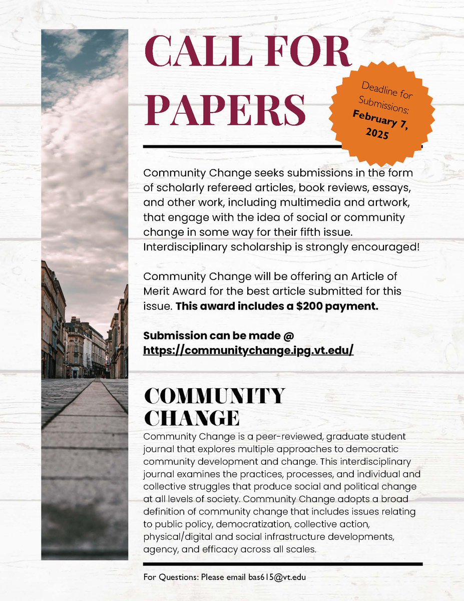 Community Change Journal’s fifth issue seeks submissions in the forms of scholarly refereed articles, book reviews, essays, and other work, including multimedia and artwork. Interdisciplinary scholarship is strongly encouraged. Deadline: February 7.
communitychange.ipg.vt.edu/announcements#…