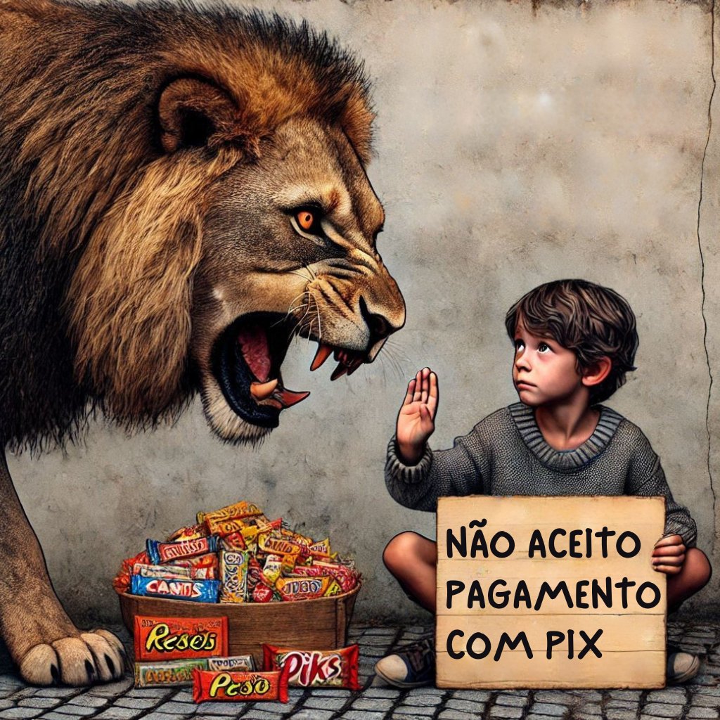 mcdandao's tweet photo. Menino João vendia doces na rua, sempre carregando uma caixinha cheia de guloseimas.

João tinha um grande sonho: tirar sua mãe da pobreza e proporcionar uma vida melhor para ela. Mas, um dia, surgiu um leão gigante e faminto, que devorava todos que tentavam escapar da pobreza.

E agora? Será que o Menino João conseguirá realizar seu sonho e mudar o destino de sua família?

#MeninoJoão #naoaceitoPix  #Pix #LeãoDevoradorDePobre