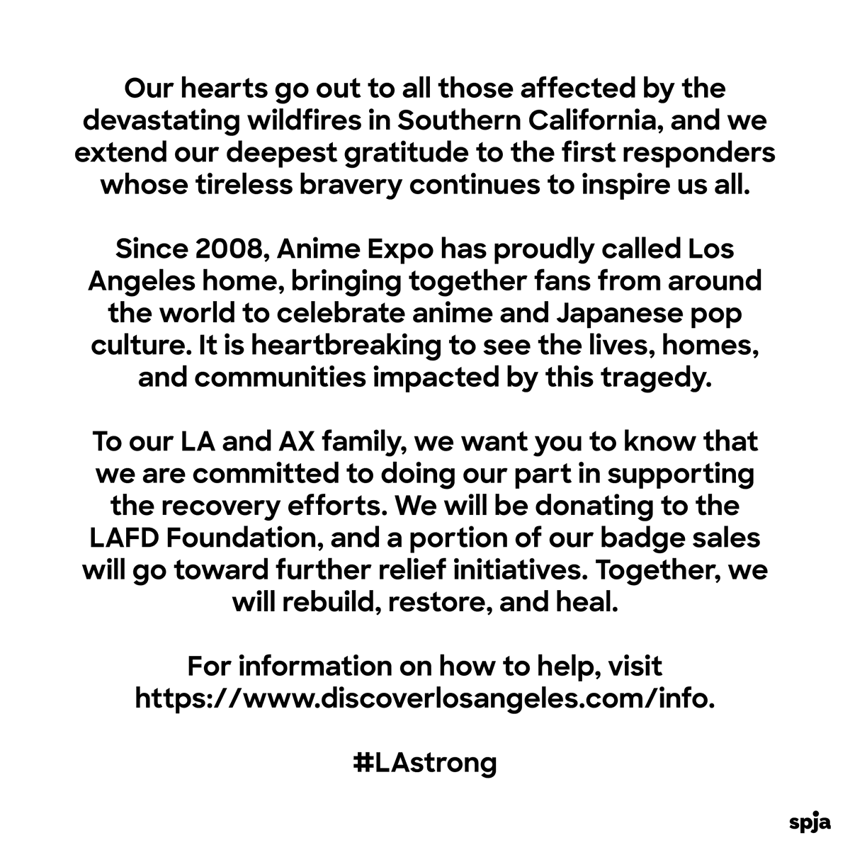 AnimeExpo's tweet photo. A message from SPJA: https://t.co/PjLKlSdv5L