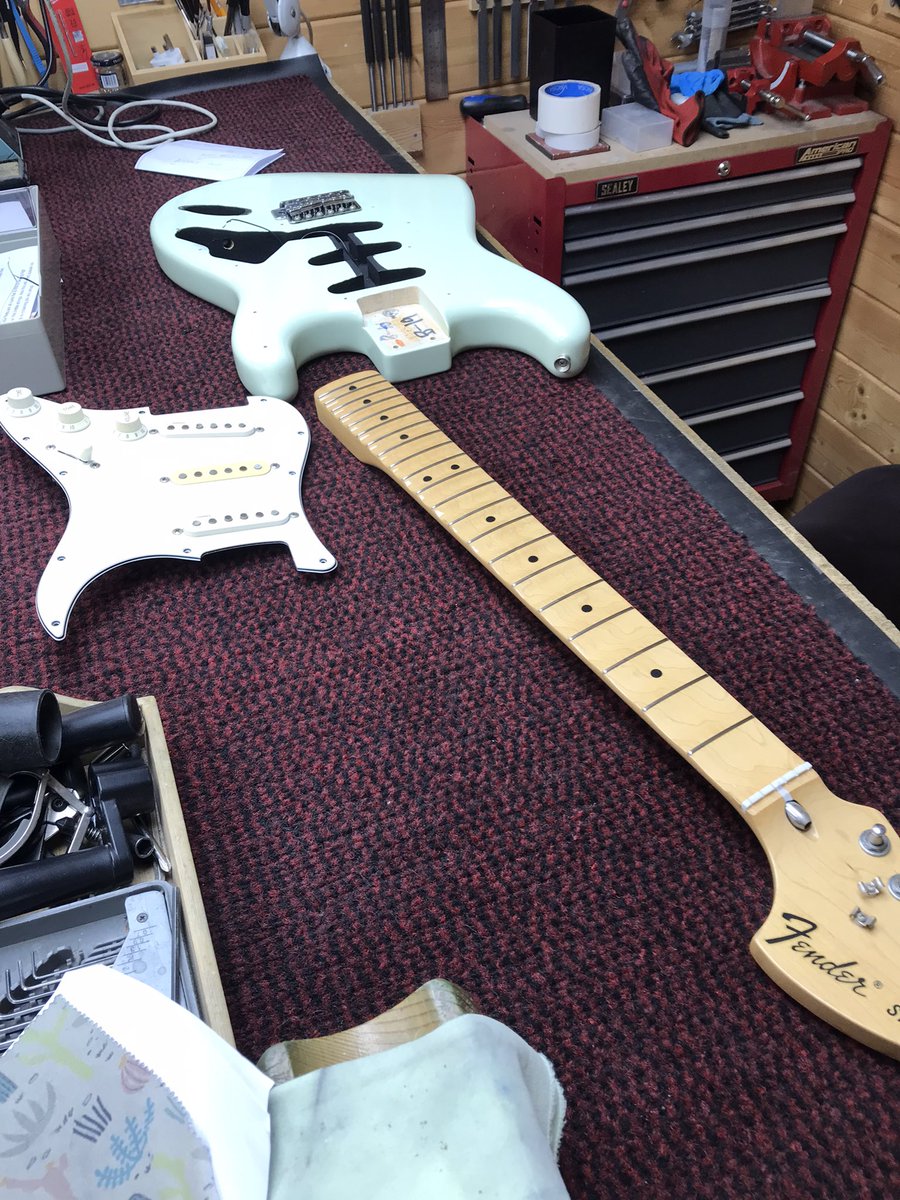 Randoms: Suhr during final checks after setup. Westone Thunder 1A during re-fret. Mandolins &amp; Uke waiting for final checks, (got to have some variation). Yngwie Malmsteen strat during screening/pickup install. #suhrguitars #scallopedneck 🤟🎸