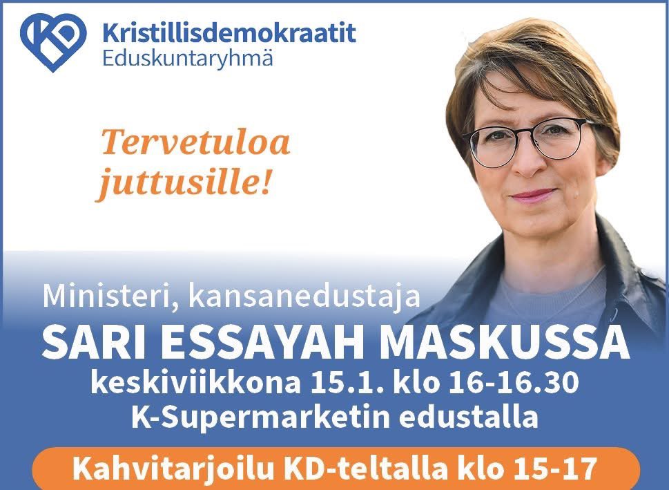 SariEssayah's tweet photo. Olen keskiviikkona Varsinais-Suomessa ja tavattavissa lyhyesti klo 16 jälkeen Maskun K-Supermarketilla KD:n teltalla. Jos olet maisemissa, tule moikkaamaan! @KDpuolue #järjenääni #Masku https://t.co/EcoU81zPVx