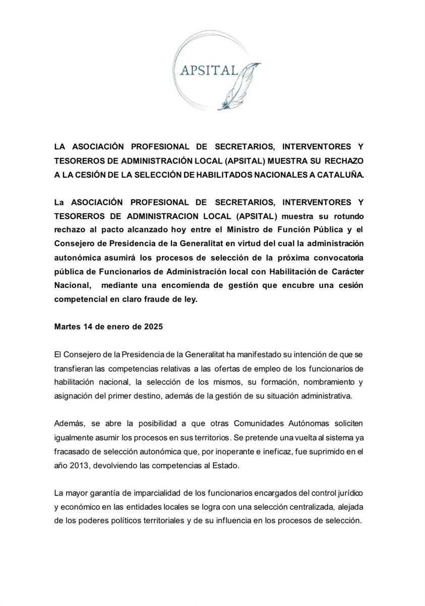 🔴 COMUNICADO APSITAL:

LA ASOCIACIÓN PROFESIONAL DE SECRETARIOS, INTERVENTORES Y TESOREROS DE ADMINISTRACIÓN LOCAL (APSITAL) MUESTRA SU RECHAZO A LA CESIÓN DE LA SELECCIÓN DE HABILITADOS NACIONALES A CATALUÑA.

#FHCN