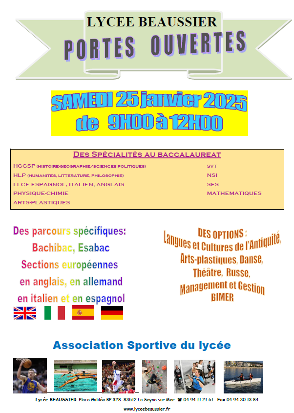 Lycee_Beaussier (@lyceebeaussier) on Twitter photo 📅 Portes Ouvertes @Lycée_Beaussier
Samedi 25 janvier, de 9h à 12h. Venez découvrir notre établissement,✨ nos spécialités : HGGSP, HLP, LLCE, NSI, SES, Arts plastiques... Une offre riche pour réussir votre baccalauréat 🎓👉 lyceebeaussier.fr <a href="/AcademieNice/">Académie de Nice</a> <a href="/NatachaChicot/">Natacha Chicot</a> 📅 Portes Ouvertes @Lycée_Beaussier
Samedi 25 janvier, de 9h à 12h. Venez découvrir notre établissement,✨ nos spécialités : HGGSP, HLP, LLCE, NSI, SES, Arts plastiques... Une offre riche pour réussir votre baccalauréat 🎓👉 lyceebeaussier.fr <a href="/AcademieNice/">Académie de Nice</a> <a href="/NatachaChicot/">Natacha Chicot</a>