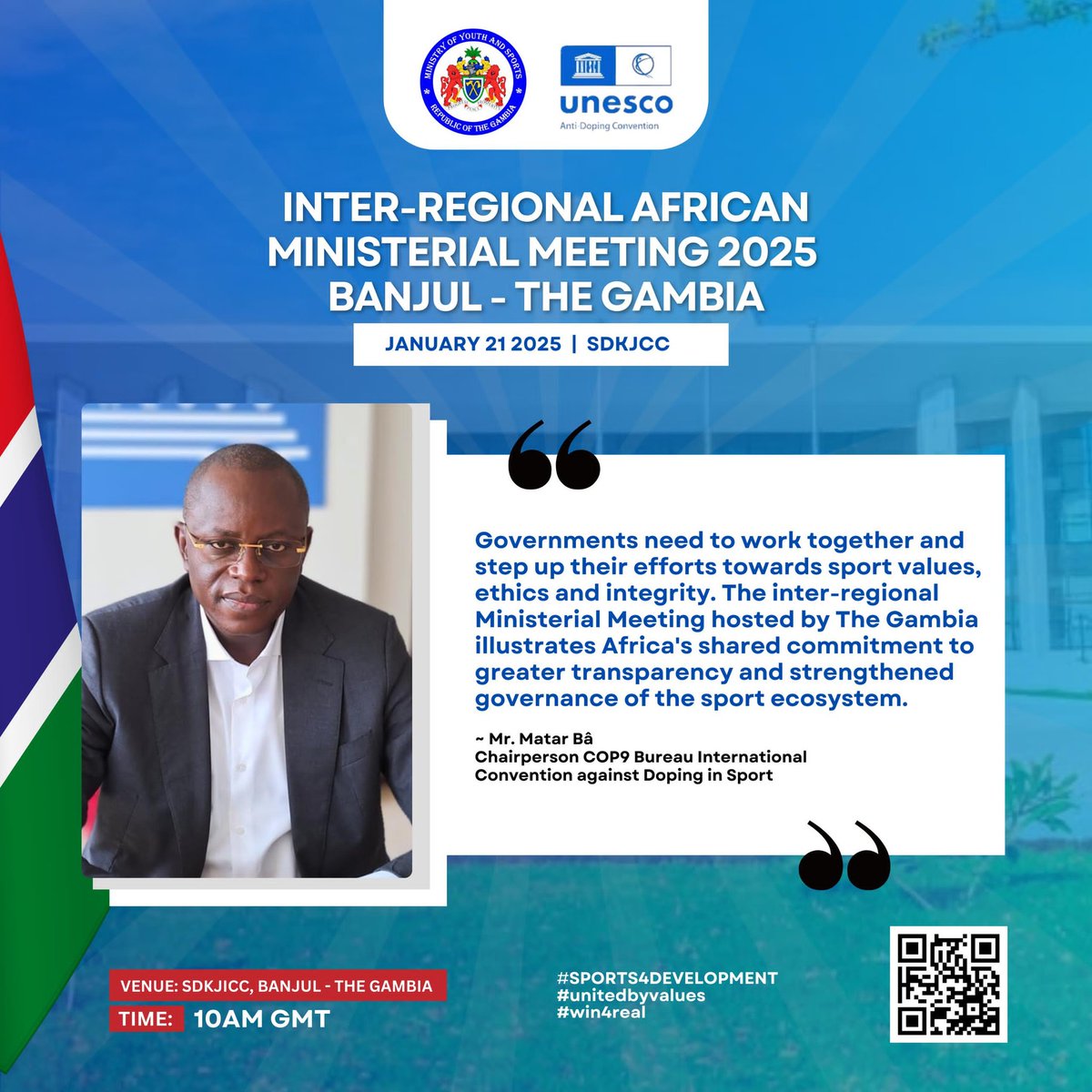 Mr.  Matarr Bâ, Chair of the COP Bureau Intl Convention against Doping, highlights collaboration &amp; integrity in sports governance at the 2025 Inter-Regional African Ministerial Meeting in Banjul, Gambia. #Sports4Development #UnitedByValues #Win4Real"