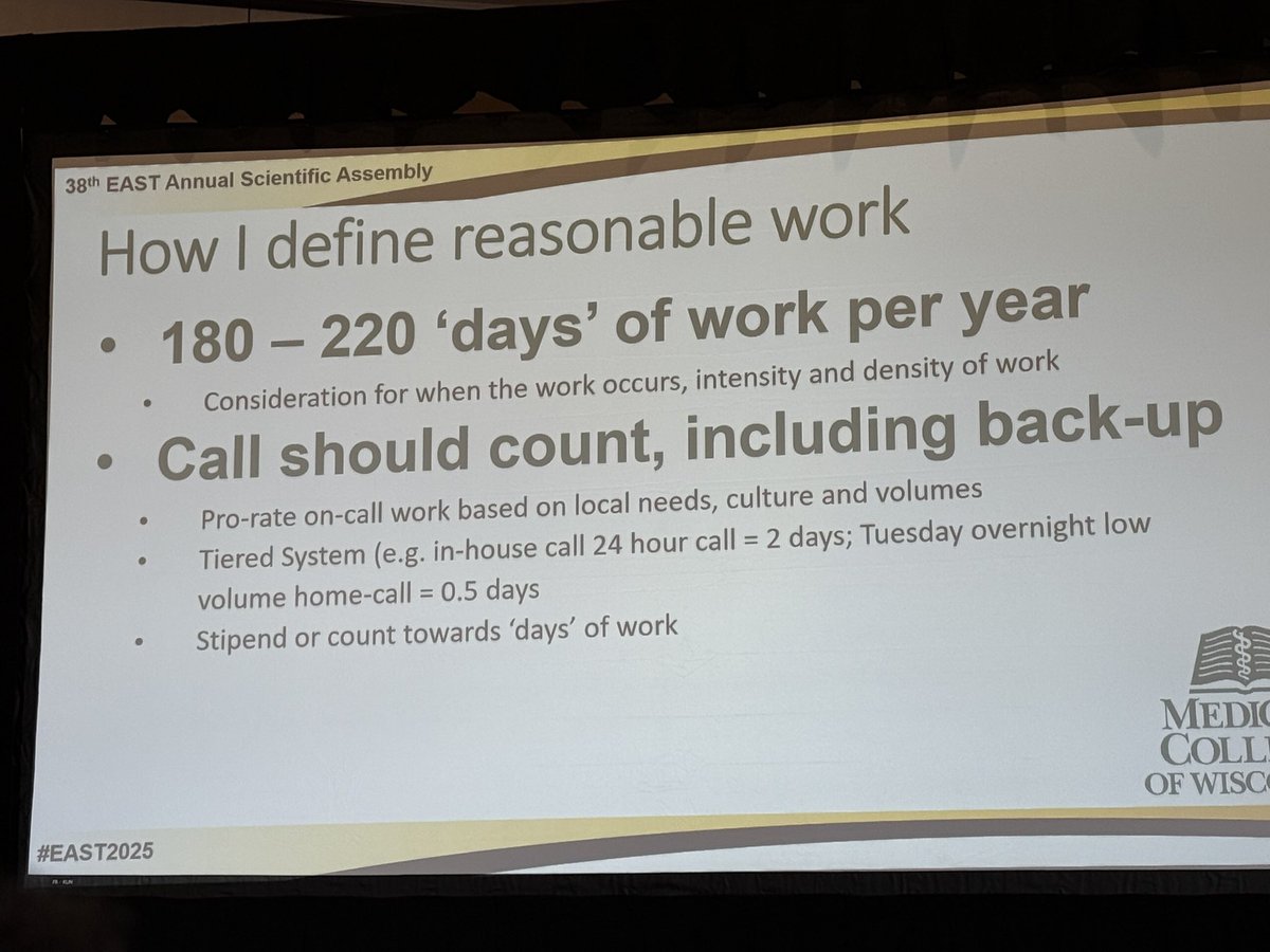 How much should you work when looking for an Acute Care Surgery job? <a href="/pbatesmurphy/">Patrick Murphy</a> with the answer <a href="/EAST_TRAUMA/">EAST</a> #EAST2025