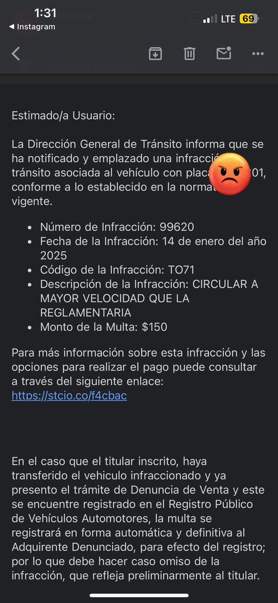 _CristyRamos's tweet photo. Acaba de caerme una multa al correo, por infringir el límite de velocidad permitido en  autopista Comalapa cuando el vehículo está estacionado en mi lugar de trabajo, en SAN MIGUEL, siendo completamente ilegal y arbitraria dicha infracción. @VMTElSalvador @alertux https://t.co/TsNgjLW1wR