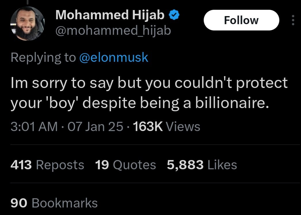 avigatorr's tweet photo. How is Mohammed Hijab allowed to have a blue check on his account after insulting @elonmusk's son and father?

@Acts17David @ApostateProphet https://t.co/HTGy4f0hoO