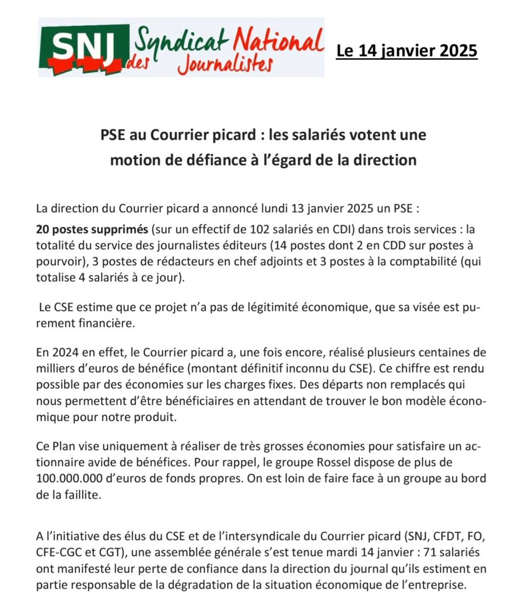 SNJ_national's tweet photo. 🔴 Un PSE prévoyant la suppression de 20 postes, dont la totalité du service des journalistes éditeurs, a été annoncé au @CourrierPicard 
🔴 71 salariés (sur 102 en CDI) ont voté une motion de défiance, qui pointe la responsabilité de la direction 
⬇️ 
https://t.co/Ly27pgu6Y4 https://t.co/w3bYct44Vf