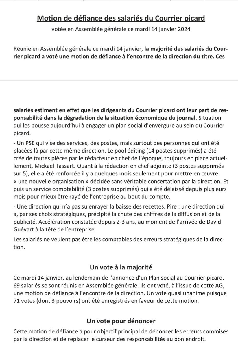 SNJ_national's tweet photo. 🔴 Un PSE prévoyant la suppression de 20 postes, dont la totalité du service des journalistes éditeurs, a été annoncé au @CourrierPicard 
🔴 71 salariés (sur 102 en CDI) ont voté une motion de défiance, qui pointe la responsabilité de la direction 
⬇️ 
https://t.co/Ly27pgu6Y4 https://t.co/w3bYct44Vf