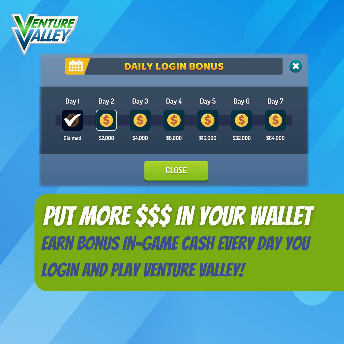 Did you know that if you play Venture Valley 7 days in a row you earn $127,000!? Just from opening the game! Log in and play today to get a little extra cash in your pockets 🤑