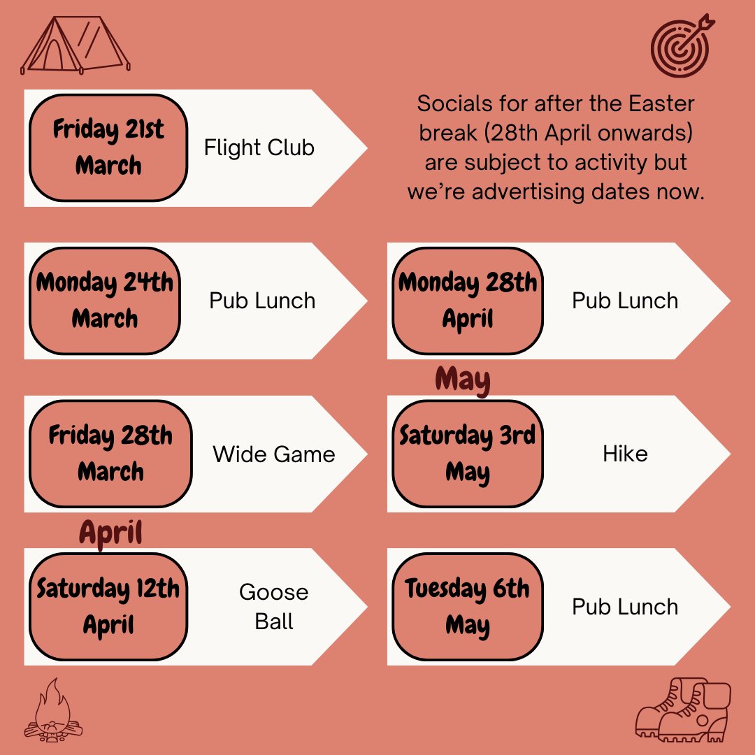 luusag1's tweet photo. It's time for the LUUSAG Semester 2 Social Calendar! As usual, we'll be posting more details for each social closer to the time!

We've included the socials for after the Easter break. The activity of these is subject to change but dates are unlikely to https://t.co/rEtUpt7iB7