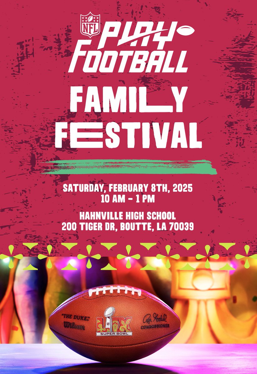 The Play Football Family Festival is coming back on Saturday, February 8th to Boutte, LA!  

This free event offers local communities to experience football in a way they never have before. 🙌

Register now: bit.ly/SBLIXPFFestival
