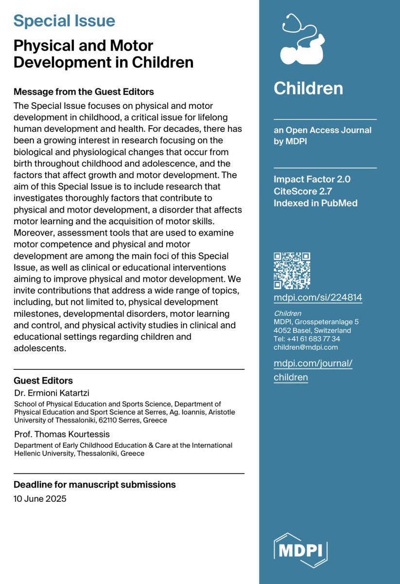 phed_professor's tweet photo. Call for Papers 
Physical and Motor Development in Children @nonikat67 https://t.co/RyFx2VA0BE