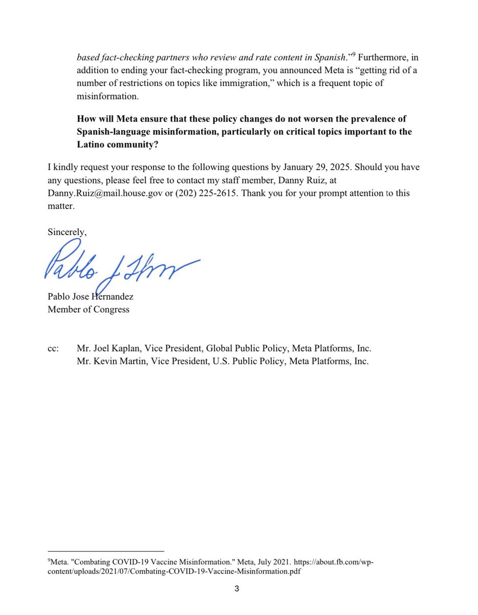 RepPabloJose's tweet photo. I sent a letter to @Meta regarding its decision to stop fact-checking content, which, according to them, worked and was popular. As a former employee who helped defend this program, I have a few questions… https://t.co/cD16vqj4jK