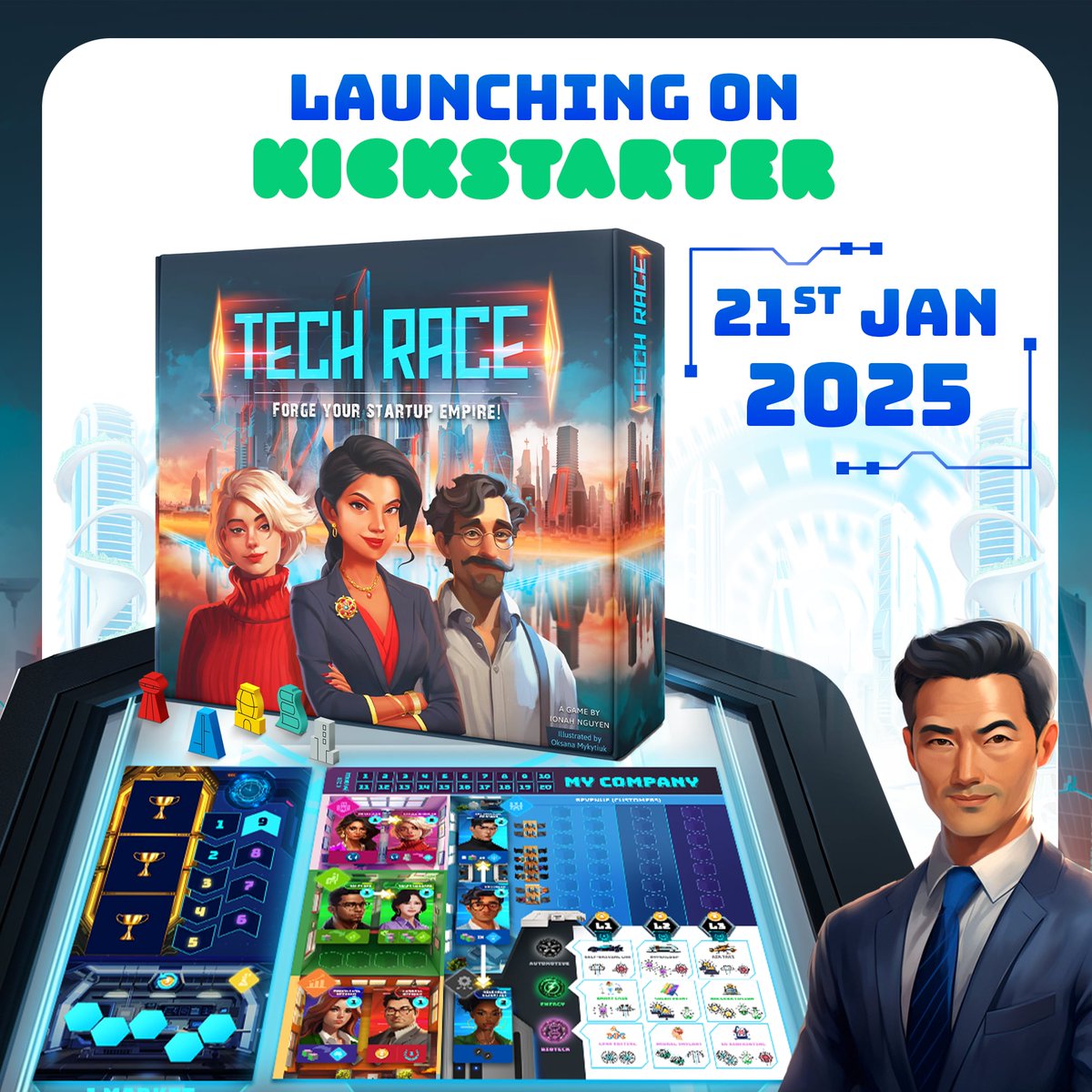 BrainyHeartyLLC's tweet photo. Tech Race launches on Kickstarter January 21st! Step into the role of a tech CEO, manage resources, and outsmart rivals in this strategic board game. Follow our pre-launch page and join the race to market dominance! https://t.co/BA19FHDJaR #Kickstarter #BoardGames #TabletopGames https://t.co/SzQVxRmZys