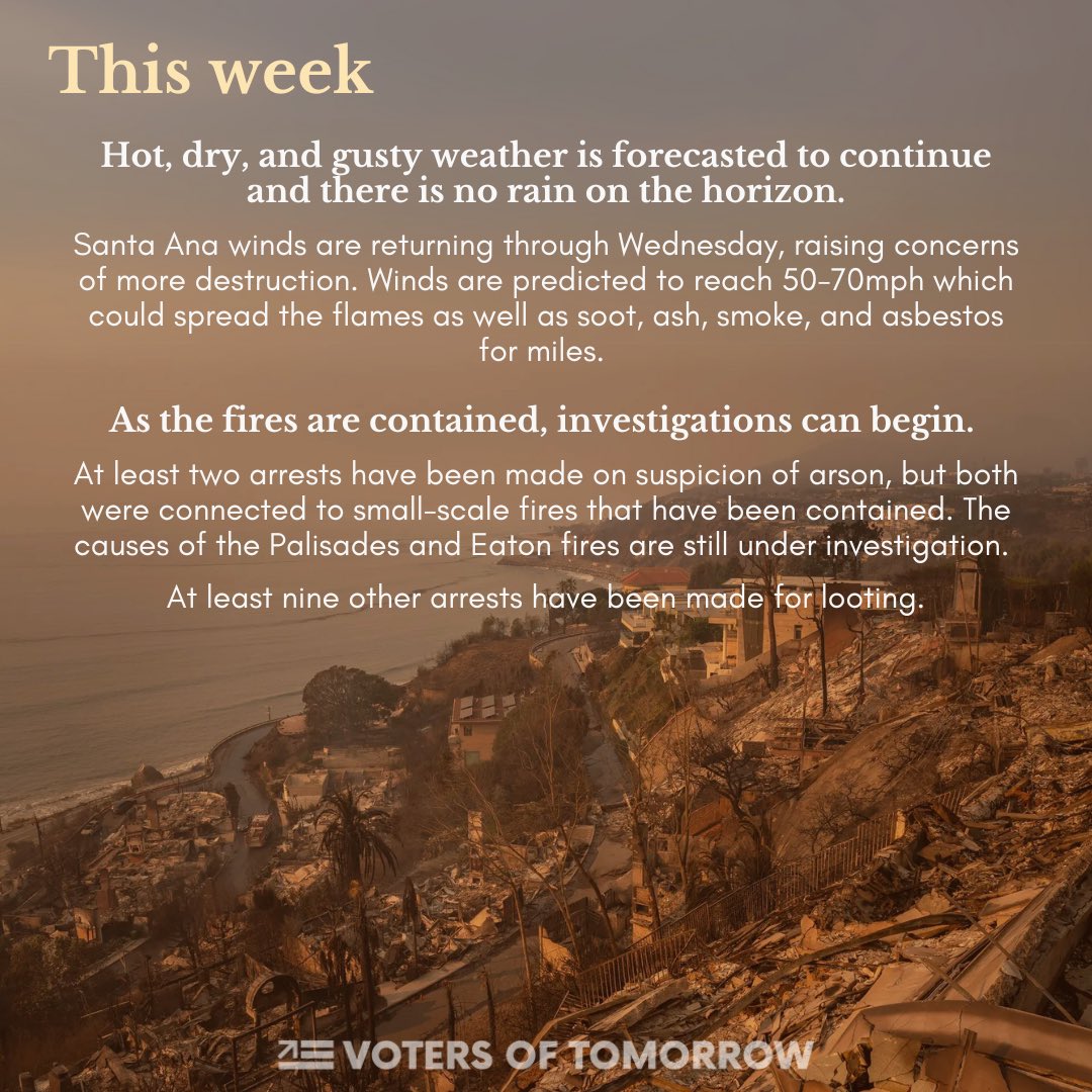 VOTCalifornia's tweet photo. 2/2 Los Angeles is facing two of the worst fires in its history. Swipe for more details on the fires, their impact, and what’s next for LA. https://t.co/oKzF818JtX