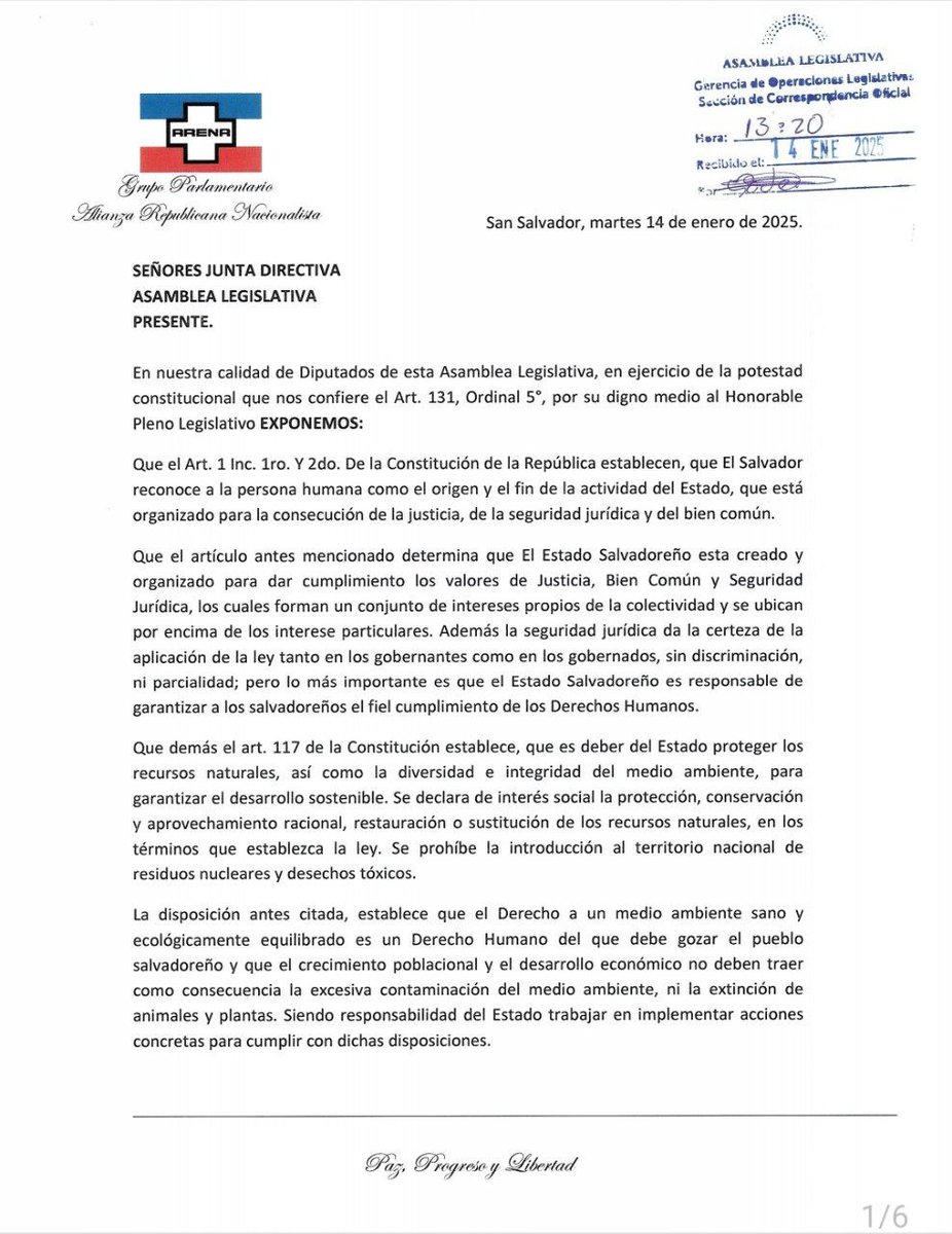 ARENAfraccion's tweet photo. #LeyDeMinería | Compartimos la pieza de correspondencia y el proyecto de decreto donde solicitamos a la @AsambleaSV derogar la Ley General de Minería Metálica antes de que cause muertes y enfermedades crónicas en nuestro país. https://t.co/kXgSpwbvVf