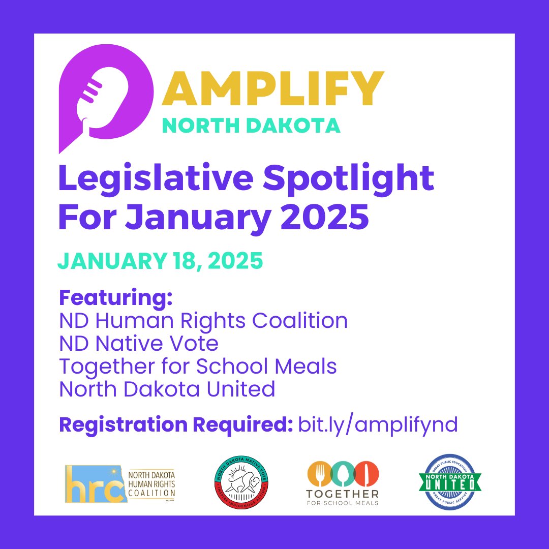 Join us this Saturday at 10:00AM for the Amplify ND event, where we’ll explore critical bills being heard at the state legislature with Prairie Action ND, North Dakota Human Rights Coalition, NDNV, &amp; North Dakota United to name a few! Register here → bit.ly/amplifynd