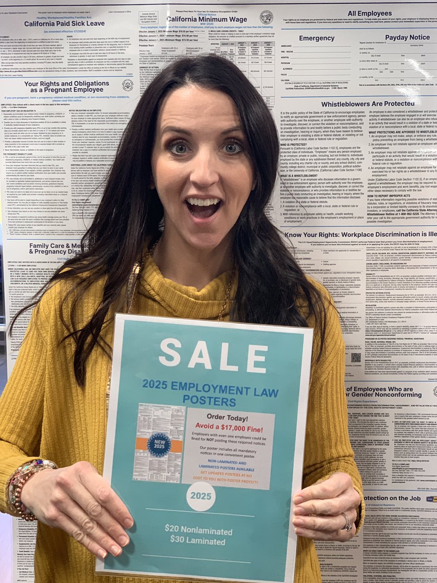 ChamberCarlsbad's tweet image. SALE! Want to avoid a $17,000 fine!? 

Employers with even one employee could be fined for NOT posting these required notices. 

Simply stop by our office to get your 2025 Employment Law Posters today. 

#calchamber #wace #carlsbad #businessowner