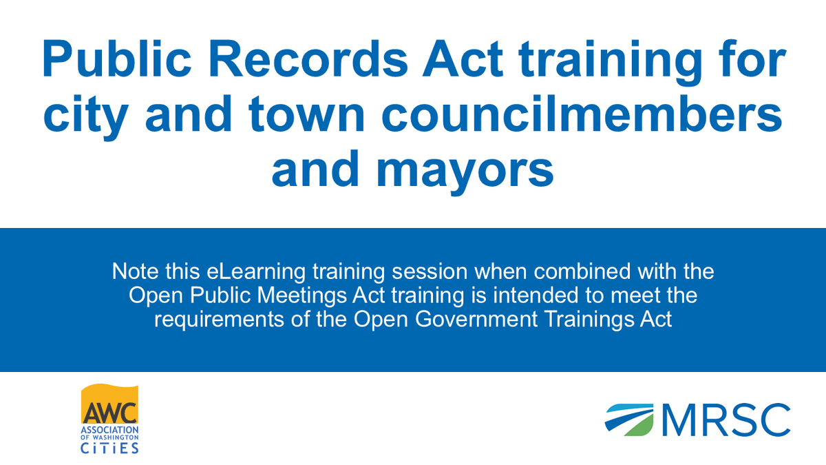 City officials: Meet an important requirement of the Open Government Trainings Act with our eLearning videos on the Public Records Act and the Open Public Meetings Act. 

Start with PRA and follow the page links for the training on OPMA. 

PRA: wacities.org/data-resources…