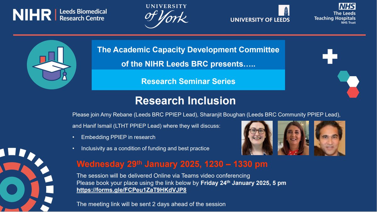 Join our patient involvement team for our Seminar Series where on Research Inclusion. Mark your calendars for 29th January 2025, 12:30-13:30pm. 

Deadline to register 24th January 

More details👉  shorturl.at/sGqRy