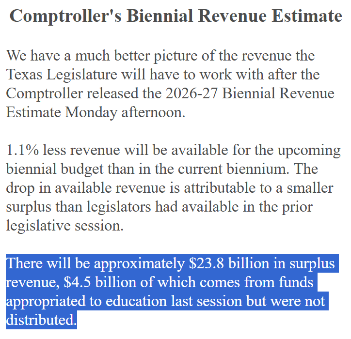 DrMRinehart's tweet image. Don't forget where 19% of the $23.8B in the 2025 #TxLege surplus funds came from: by withholding appropriated funds for #TxEd in the last legislative session.