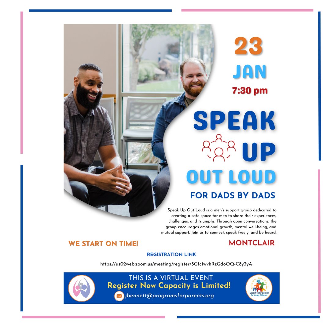 Calling all Montclair Dads and men in our community! 🗣️ Join us on January 23rd, 2024, at 7:30 PM via Zoom for Speak Up Out Loud – a support group designed just for you. 💬💪
📅 Save the date and register today! Let’s #SpeakUpOutLoud together. 🌟