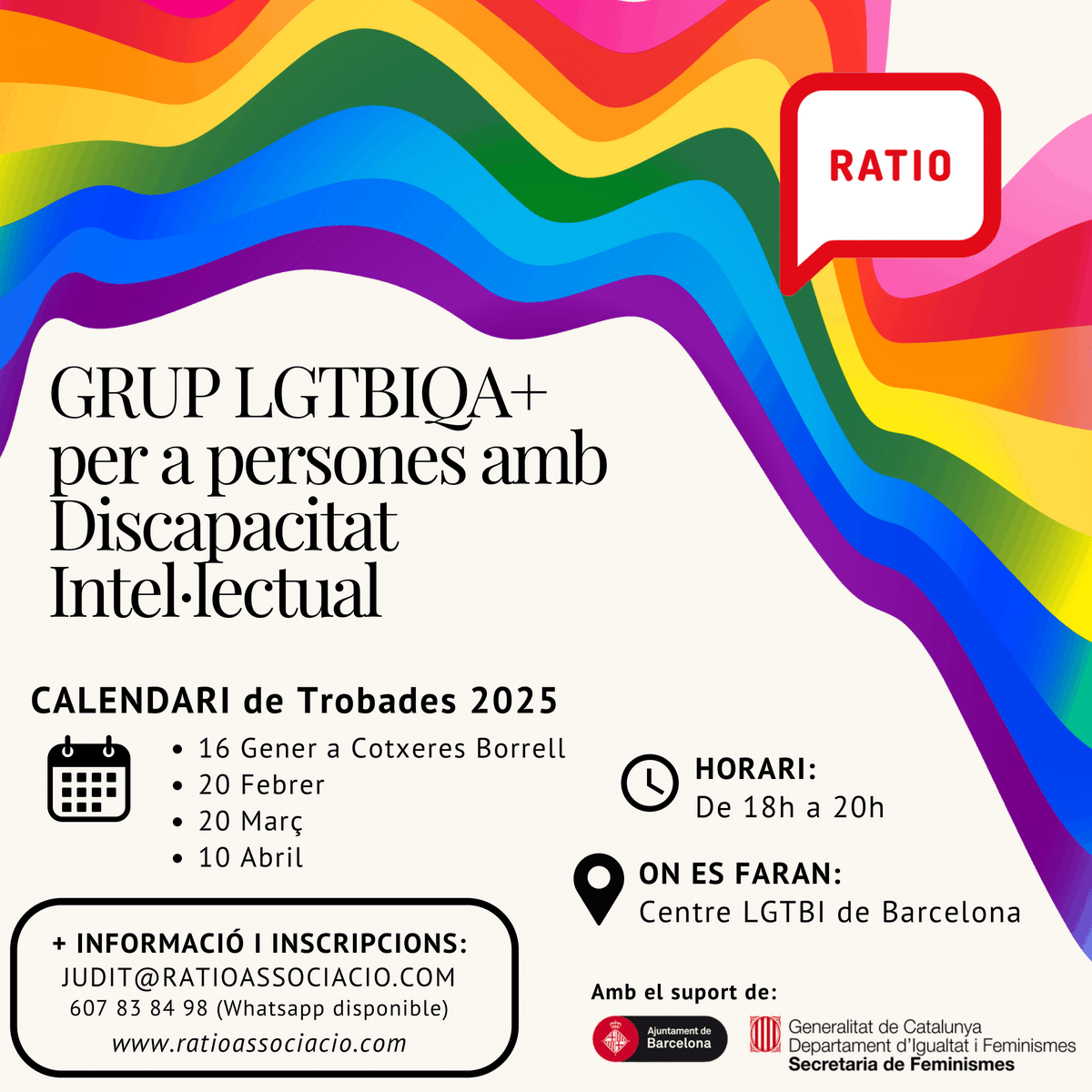 🌈 Noves dates del grup LGTBIQA+ de Ratio Associació!

📅 16 de gener a Cotxeres Borrell
📅 20 de febrer, 20 de març i 10 d'abril al Centre LGBTI de Barcelona
⏰Totes les trobades a les 18h

🔗 No et perdis l'oportunitat de participar! lc.cx/K26qM1