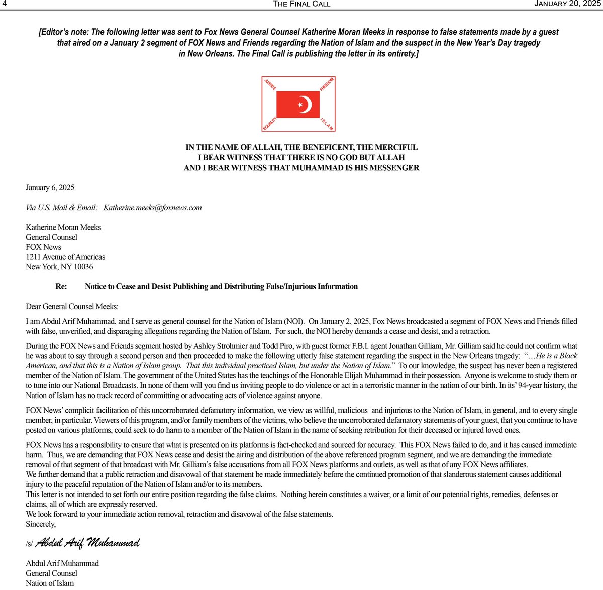 OfficialNOI's tweet image. The following letter was sent to @FoxNews General Counsel Katherine Moran Meeks in response to false statements made by a guest that aired on a January 2 segment of FOX News and Friends regarding the Nation of Islam and the suspect in the New Year’s Day tragedy in New Orleans.…
