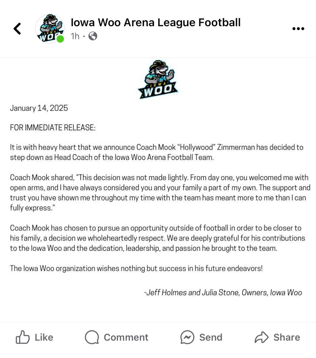 TheMikeLathrop's tweet photo. NEWS:
Iowa Woo announce Mook Zimmerman has stepped down as Head Coach.
Per @IowaWooALF Facebook Post.
#TheArenaLeague #IowaWoo #ArenaFootball https://t.co/htap1p7f3O