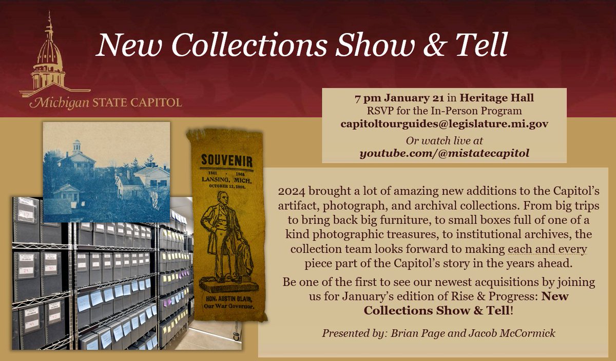 MIStateCapitol's tweet image. The Capitol’s collections include everything from furniture to photographs! See some of the latest additions to our quirky collection at 7 PM on January 21 or watch live at youtube.com/@mistatecapitol #MichiganCapitol #CapitolEvents #HistoricalCollections