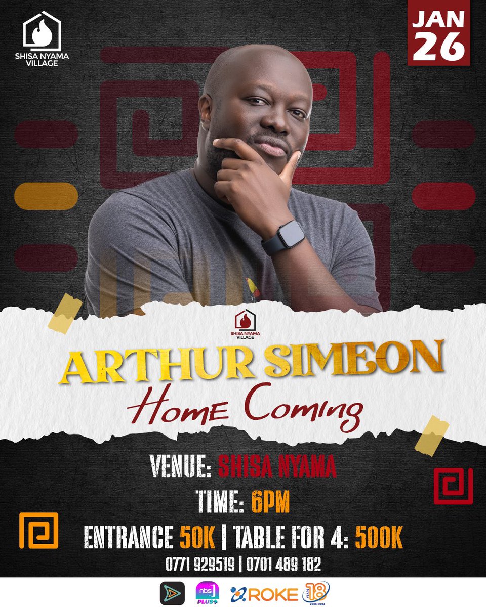 Comedy lovers, it’s time for a Home Coming like no other!
<a href="/ArthurSimeon/">Arthur Simeon</a> is back to give you a night full of laughter and unforgettable moments on 26th JAN.

📍 Venue: Shisa Nyama Village
⏰ Time: 6 PM
💳 Entrance: 50K | Table for 4: 500K

📞 Book now: 0771 929519 |