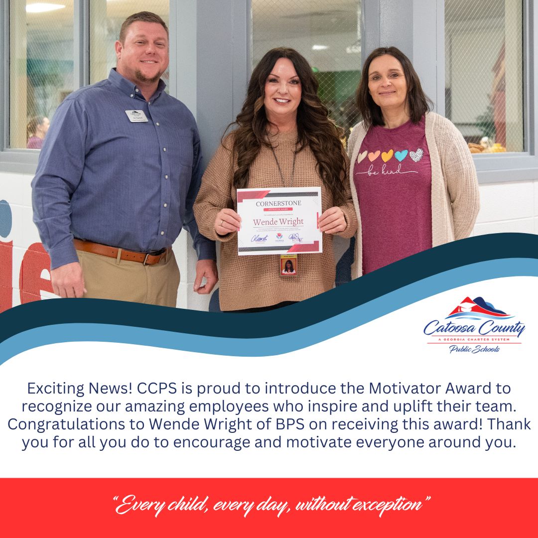 CatoosaSchools's tweet photo. Exciting News! CCPS is proud to introduce the Motivator Award to recognize our amazing employees who inspire and uplift their team. Congratulations to Wende Wright of BPS on receiving this award! Thank you for all you do to encourage and motivate everyone around you. #ECEDWE https://t.co/T2jCuRqZoL