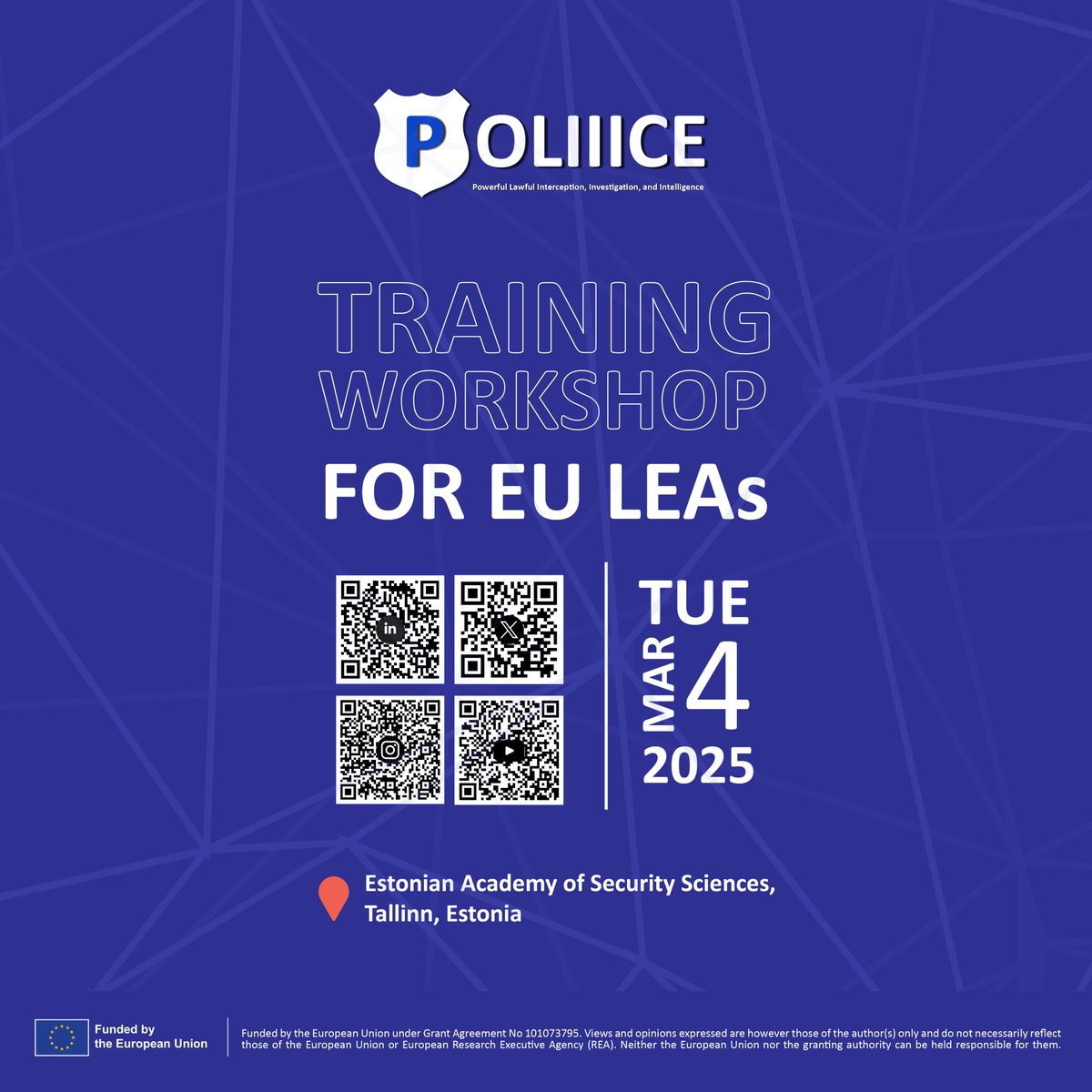 POLIIICE Project (@poliiiceeu) on Twitter photo 📢 Join the <a href="/PoliiiceEU/">POLIIICE Project</a> 4th Training Workshop for EU LEAs in Tallinn, Estonia on the 4th of March, 2025. The Training Workshop will be hosted by Estonian Police and KEMEA.
Registration Deadline: February 6, 2025
#poliiice #training #workshop #estonia #tallinn #leas #research 📢 Join the <a href="/PoliiiceEU/">POLIIICE Project</a> 4th Training Workshop for EU LEAs in Tallinn, Estonia on the 4th of March, 2025. The Training Workshop will be hosted by Estonian Police and KEMEA.
Registration Deadline: February 6, 2025
#poliiice #training #workshop #estonia #tallinn #leas #research