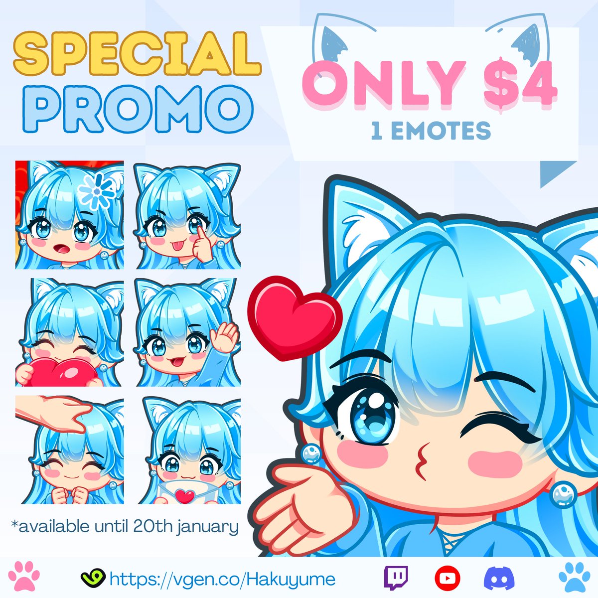 Heyyoooo!!! i extend my promo until 20th January.. don't miss this special promo, hurry up GET $4 for 1 emote!!! (づ> v <)づ♡

#vtuber #artmoots #VGenComm #VGen