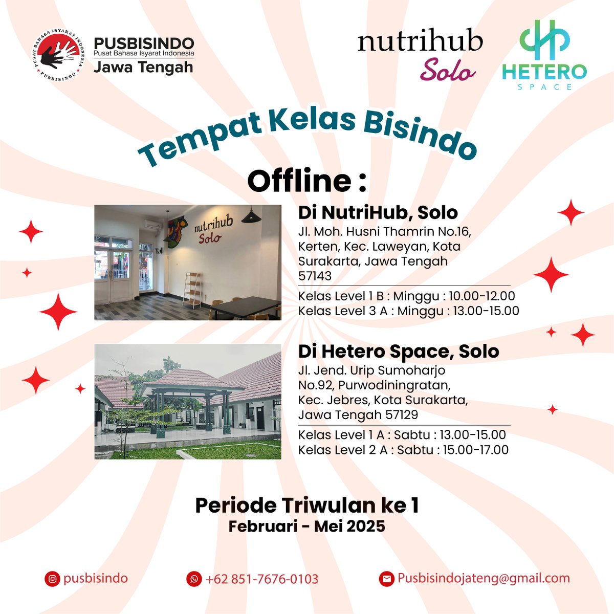 Pendaftaran kls bahasa isyarat level 1-3 area Jawa Tengah telah dibuka.    

Utk pendaftaran kelas bahasa isyarat Jateng, dapat klik link : Linktr.ee/kelasPUSBISINDO   

 Utk pendaftaran, pertanyaan/info lbih lanjut, bisa hubungi Pusbisindo Jateng via WA: wa.link/m3dc1c