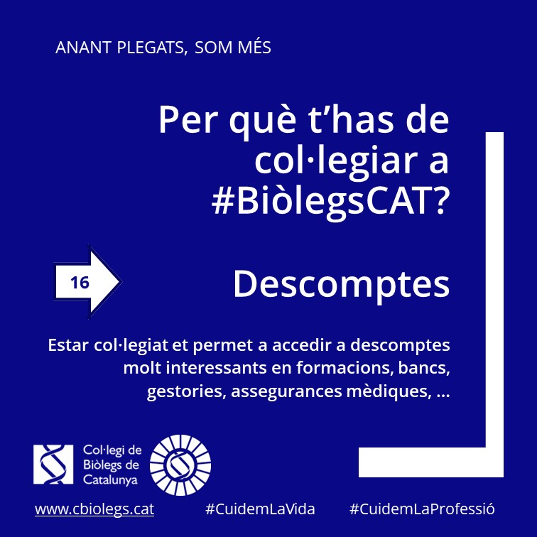 BiolegsCAT's tweet photo. #2️⃣1️⃣Raons per ser de #BiòlegsCAT 

Podràs accedir a interessants descomptes en bancs, gestories, assegurances mèdiques, si estàs col·legiat o col·legiada.

Entra, t'ho expliquem 👉 https://t.co/BmB19pcxWe

#CuidemlaVida 
#CuidemLaProfessió
#Descomptes https://t.co/ceCI5s0M65