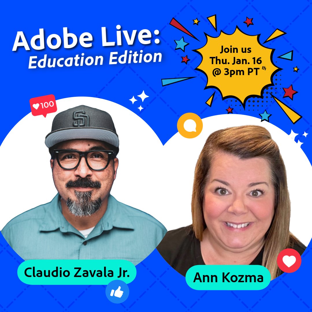 Join <a href="/ClaudioZavalaJr/">૮ℓαµ∂เσ ƶαѵαℓα ʝ૨.</a> and @AnnKozma723 on January 16th at 3 PM PST for the first session of Adobe Live: Education Edition.
We’ve got expert tips, creative ideas, and so much more in store for you! 
🔗 Register at adobe.ly/AdobeLiveEDU
#AdobeEduCreative #adobeforEdu