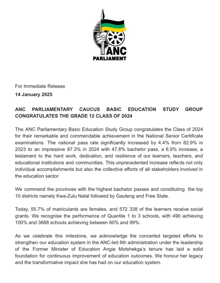 ANCParliament's tweet photo. ANC PARLIAMENTARY CAUCUS BASIC EDUCATION STUDY GROUP CONGRATULATES THE GRADE 12 CLASS OF 2024 https://t.co/T2DTLzRIaH