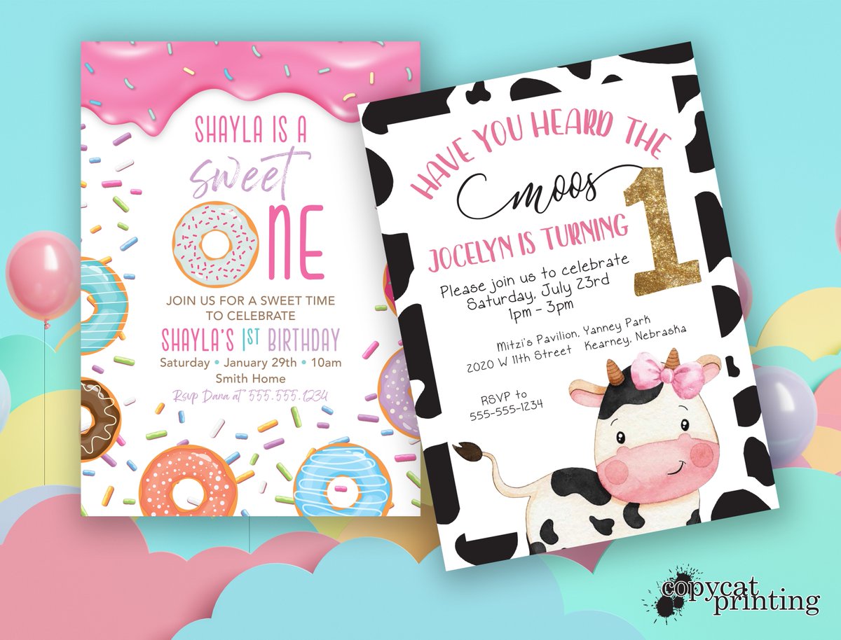 First Birthday Celebrations are very special milestone. Have Copycat Printing create a memorable invite for your event!

We have many paper options to choose from. Also, ask us about printing your return address and mailing addresses on your envelopes!

308.237.4677  -  info@k...