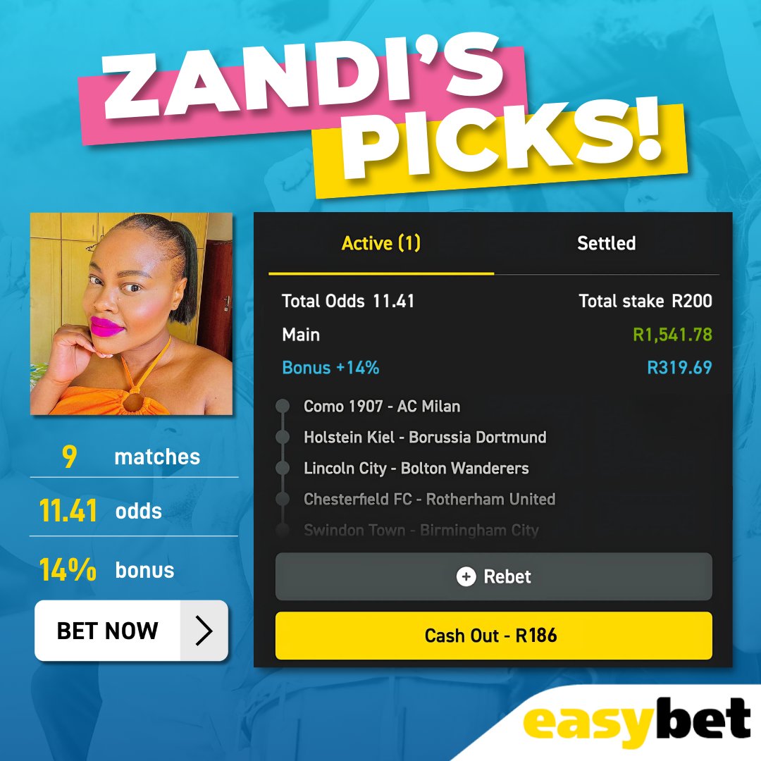 Easybet_SA's tweet photo. ๐ Tonight's #EasyTip comes straight from one of our top affiliates, @zandiee90!
โฝ๏ธ 9 Matches
๐ฅ Total Odds: 11.41
โฐ Kick-off: Tonight!
๐๏ธ Bet Code: 03-002490
Bet now and make your move ๐ https://t.co/oV9M2Q1Ej2
#Easybet #EasyPicks https://t.co/YMvW5Sr8Fg