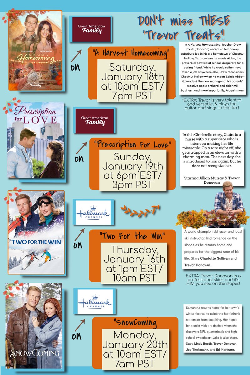 MistiB320592's tweet photo. ‼️MARK your callenders &amp; SET your DVRs #DonoFANS it’s RAINING🌧️FIVE (5)’Trevor Treats” BEGINNING THIS THURSDAY!(pics👇🏻)🎥#AHarvestHomecoming &amp; #PerscriptionForLove on @GAfamilyTV  &amp; #TwoForTheWin &amp; #SnowComing on @hallmarkchannel &amp; #TheEngagementPlot on @UPtv https://t.co/rFZwZJtkJg