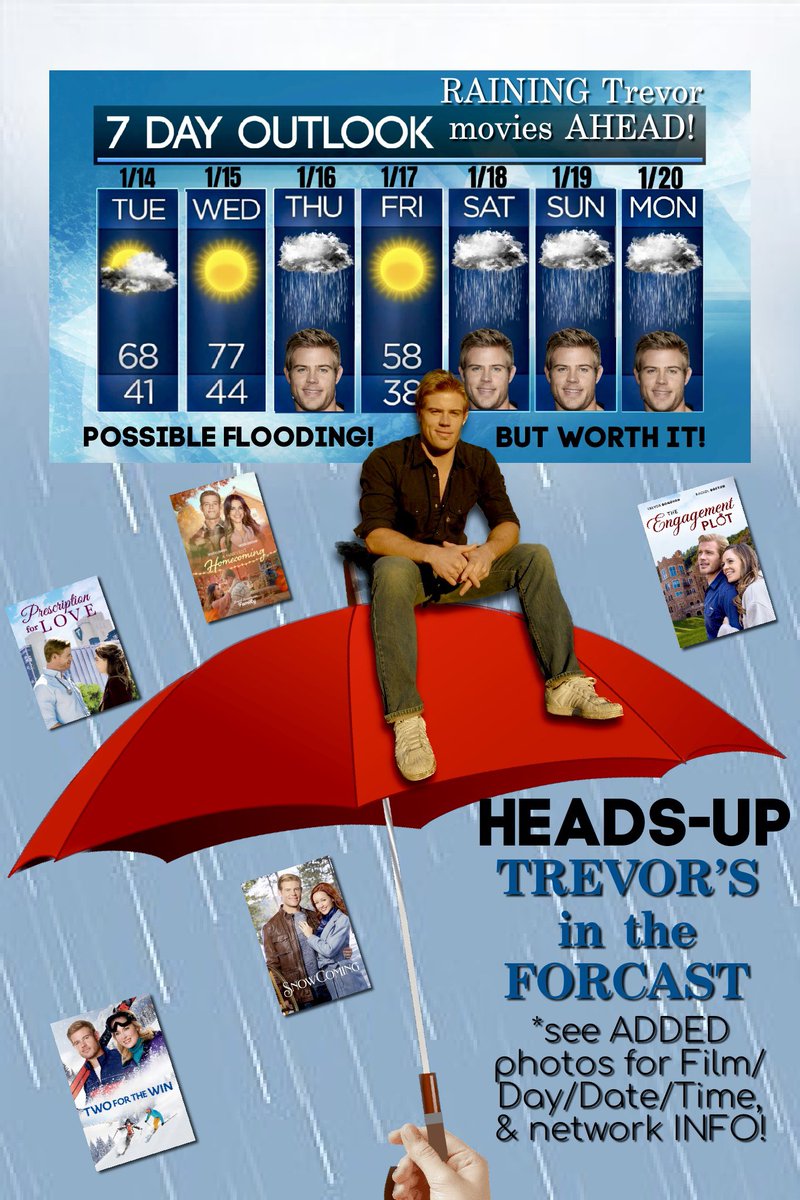 MistiB320592's tweet photo. ‼️MARK your callenders &amp; SET your DVRs #DonoFANS it’s RAINING🌧️FIVE (5)’Trevor Treats” BEGINNING THIS THURSDAY!(pics👇🏻)🎥#AHarvestHomecoming &amp; #PerscriptionForLove on @GAfamilyTV  &amp; #TwoForTheWin &amp; #SnowComing on @hallmarkchannel &amp; #TheEngagementPlot on @UPtv https://t.co/rFZwZJtkJg