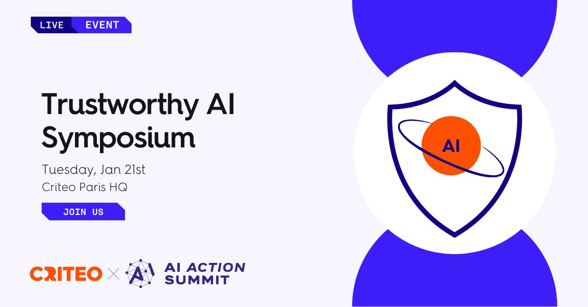 Masha Vladimirova (@iamvladimirova) on Twitter photo 🌟 Join us for the Trustworthy AI Symposium! 🌟
📅 Jan 21, 2025
📍 Criteo HQ, Paris
🌐 ailab.criteo.com/trustworthy-ai…
Dive into #ethicalAI, #fairness, & #transparency with top experts. Don’t miss this #AIActionSummit event!
Co-organizers <a href="/jy_franceschi/">Jean-Yves Franceschi</a> <a href="/NathalieLaneret/">Nathalie Laneret</a> <a href="/CriteoAILab/">Criteo AI Lab</a> 🌟 Join us for the Trustworthy AI Symposium! 🌟
📅 Jan 21, 2025
📍 Criteo HQ, Paris
🌐 ailab.criteo.com/trustworthy-ai…
Dive into #ethicalAI, #fairness, & #transparency with top experts. Don’t miss this #AIActionSummit event!
Co-organizers <a href="/jy_franceschi/">Jean-Yves Franceschi</a> <a href="/NathalieLaneret/">Nathalie Laneret</a> <a href="/CriteoAILab/">Criteo AI Lab</a>