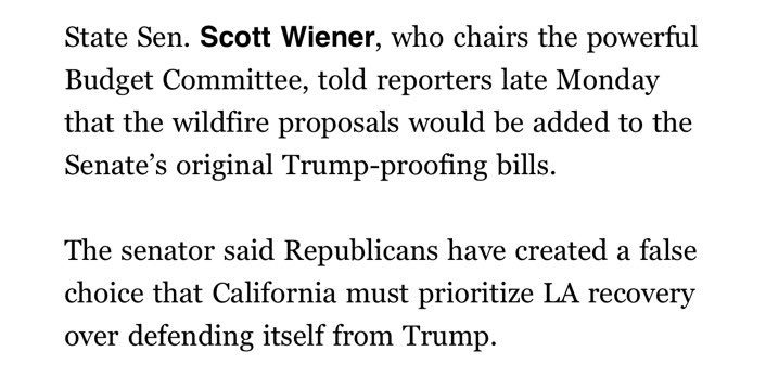 This is a pretty sick political maneuver. Tying a wildfire recovery bill to a political stunt to help Gavin with Democratic primary voters?  

Just another day in Sacramento. The irony is that this kind of virtue signaling politics is exactly why we are in this mess.