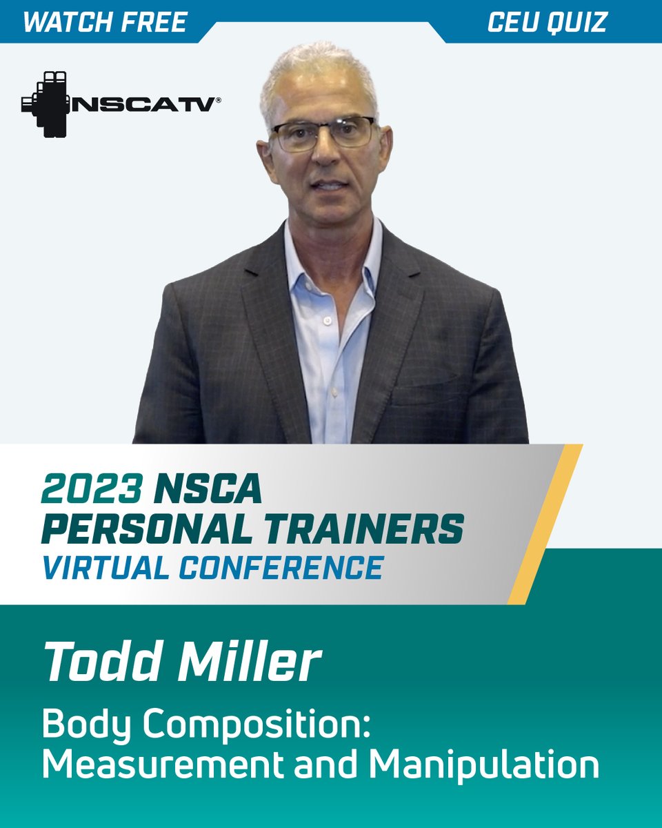 NSCA's tweet photo. Watch Free on #NSCATV: Reach bold New Yearโs health & performance goals with body composition.
Todd Miller shares methods for assessment, preserving lean mass, and mitigating hyperphagia.
NSCA Members get this 0.2 CEU quiz FREE โ a $30 value!
WATCH NOW: https://t.co/yPuuvQfY42 https://t.co/3tFikDDRXi