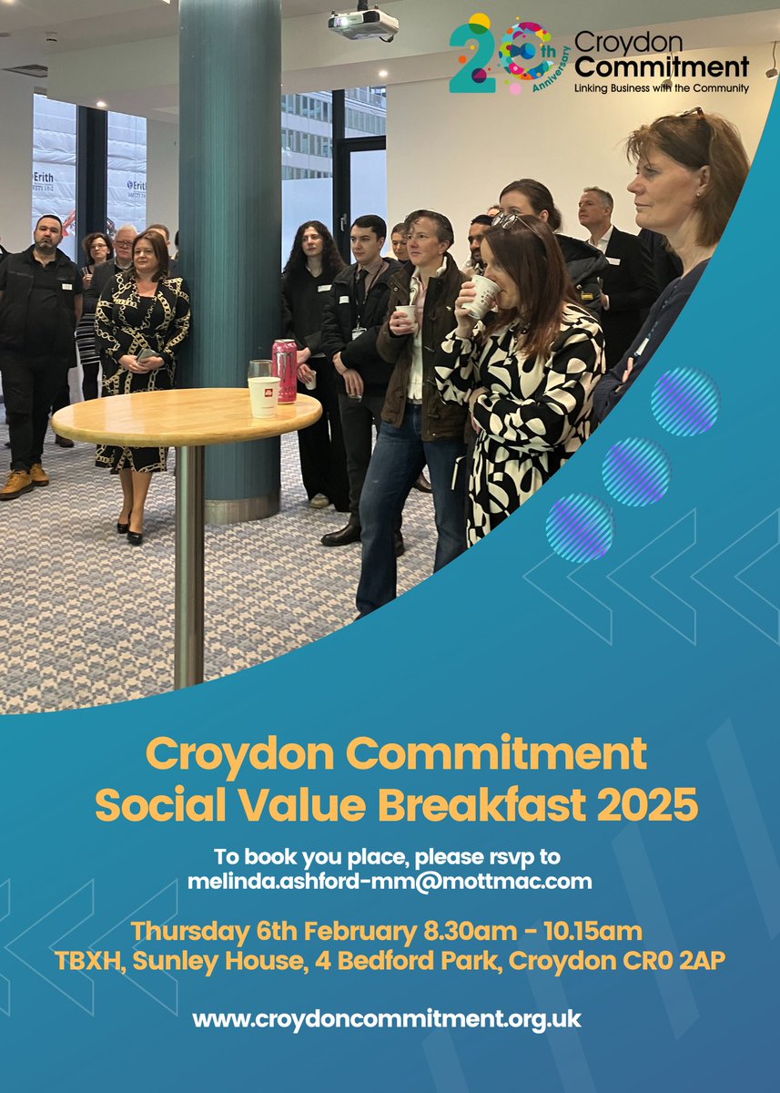 Croydon Commitment (@ccommitment) on Twitter photo Join us at the Croydon Commitment Social Value Breakfast 2025 and find out how you can boost your local social investment this year! 🥐♻️
We’ll also share our Impact Report from 2024 and tell you about our programmes for 2025!
Book your place ➡️ Melinda.Ashford-mm@mottmac.com Join us at the Croydon Commitment Social Value Breakfast 2025 and find out how you can boost your local social investment this year! 🥐♻️
We’ll also share our Impact Report from 2024 and tell you about our programmes for 2025!
Book your place ➡️ Melinda.Ashford-mm@mottmac.com