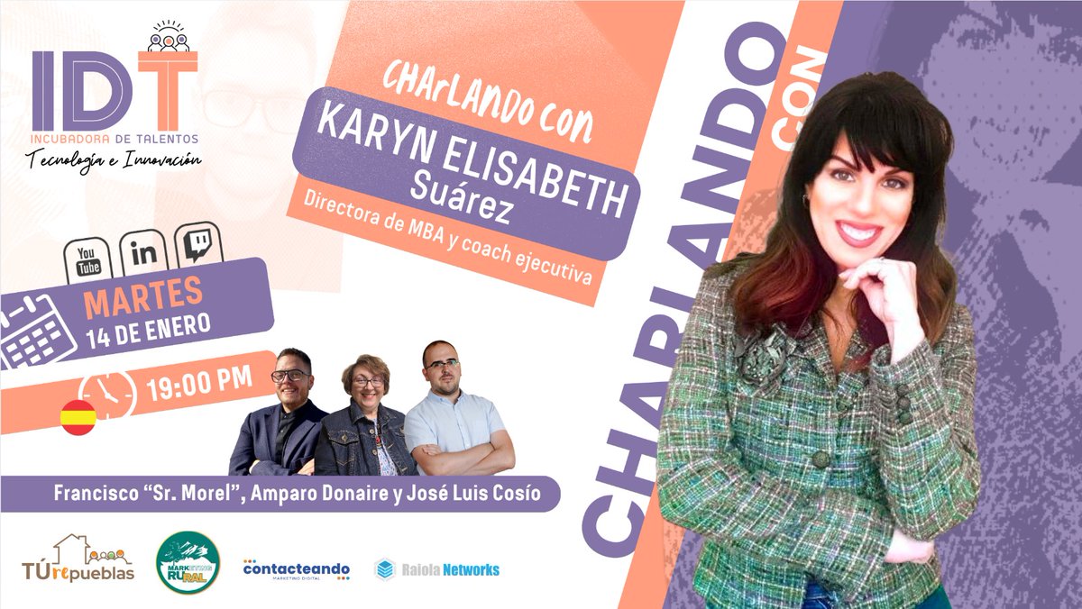 🎙  En #Charlandocon nos acompaña Karyn Suárez
Directora de MBA y Coach Ejecutiva, para hablarnos sobre comunicación, conferencias, formación, empresa y muchas cositas más.

📅Jueves 12 de diciembre 
⏰ 19:00 horas (España) 

📷youtube.com/live/AFMWh4cLM… 
 
¡No te lo pierdas!  🎉🚀